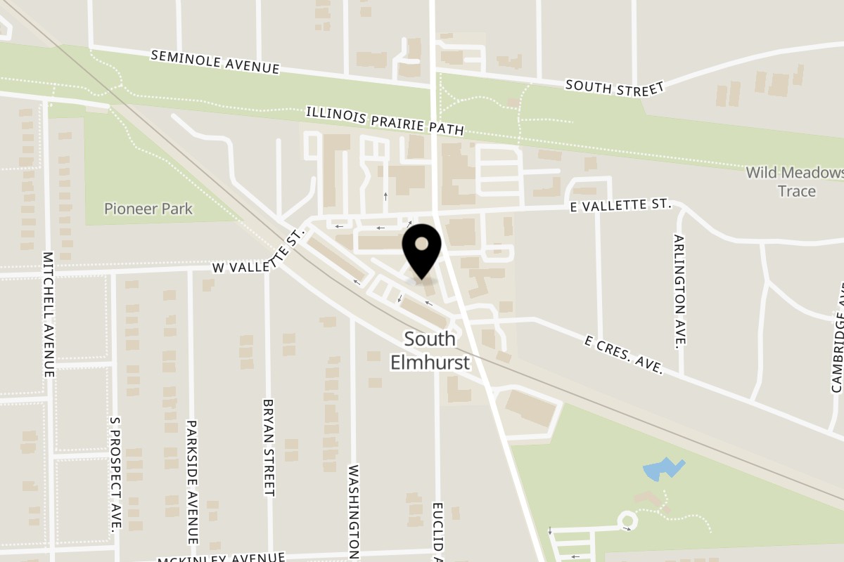 Map showing the location of Quad Edge Pizza on 570 S York St in Elmhurst